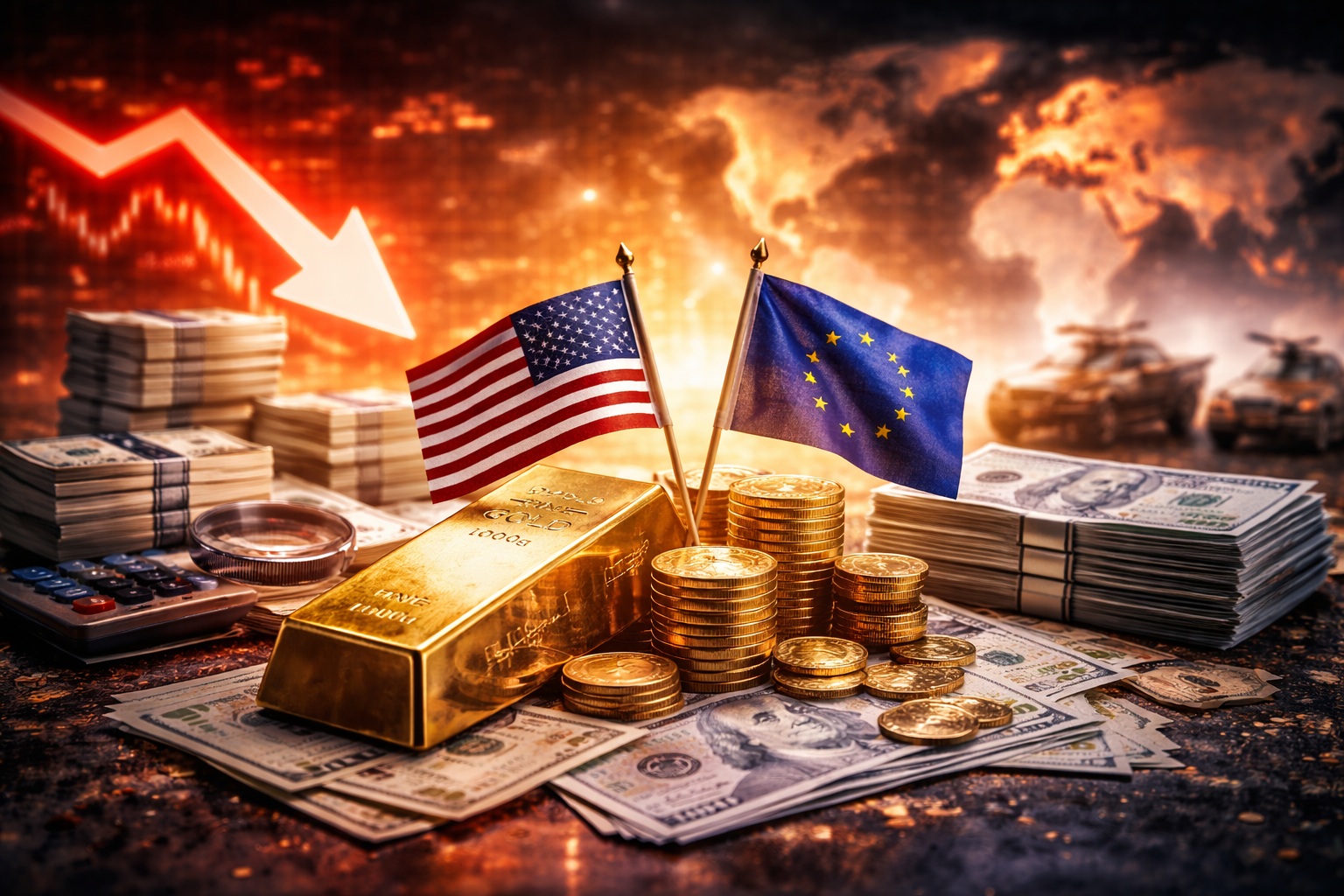 Gold bar and stacked coins on U.S. dollar bills with U.S. and EU flags, set against a glowing world map and a red downward market trend in the background.