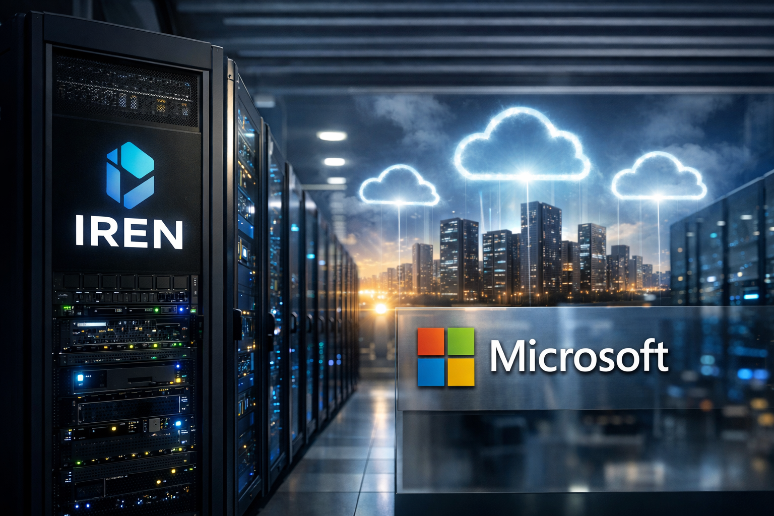 Photorealistic view down a modern data center aisle with glowing server racks; a cloud-computing motif appears in the background, symbolizing large-scale AI cloud infrastructure growth.