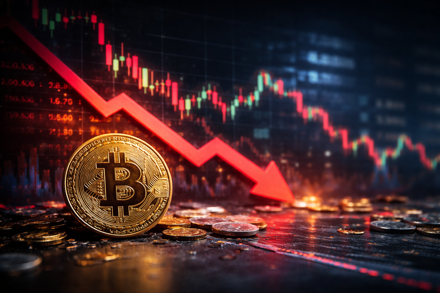 Close-up of a physical Bitcoin coin in the foreground with a sharply falling red market line and blurred candlestick charts in the background, conveying a broad crypto sell-off.