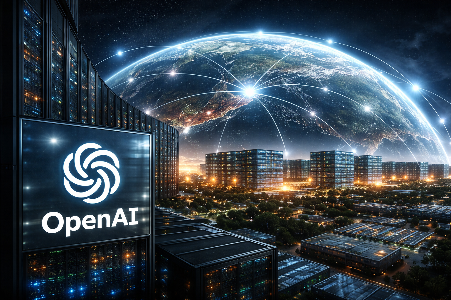 Photorealistic view of a large data center campus at night with server racks in the foreground and a globe in the sky connected by glowing network arcs, symbolizing worldwide AI infrastructure expansion.