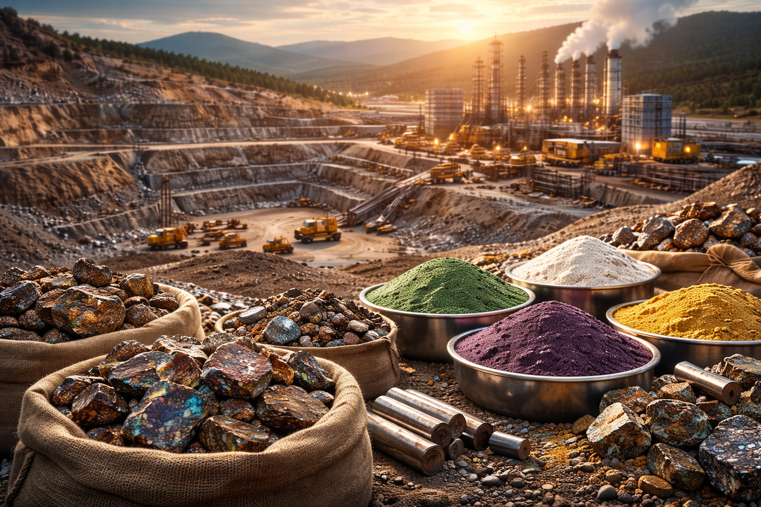 Photorealistic scene of an open-pit rare-earth mine with heavy machinery, sacks of raw mineral ore in the foreground, bowls of refined mineral powders, and a processing facility in the background at sunset.