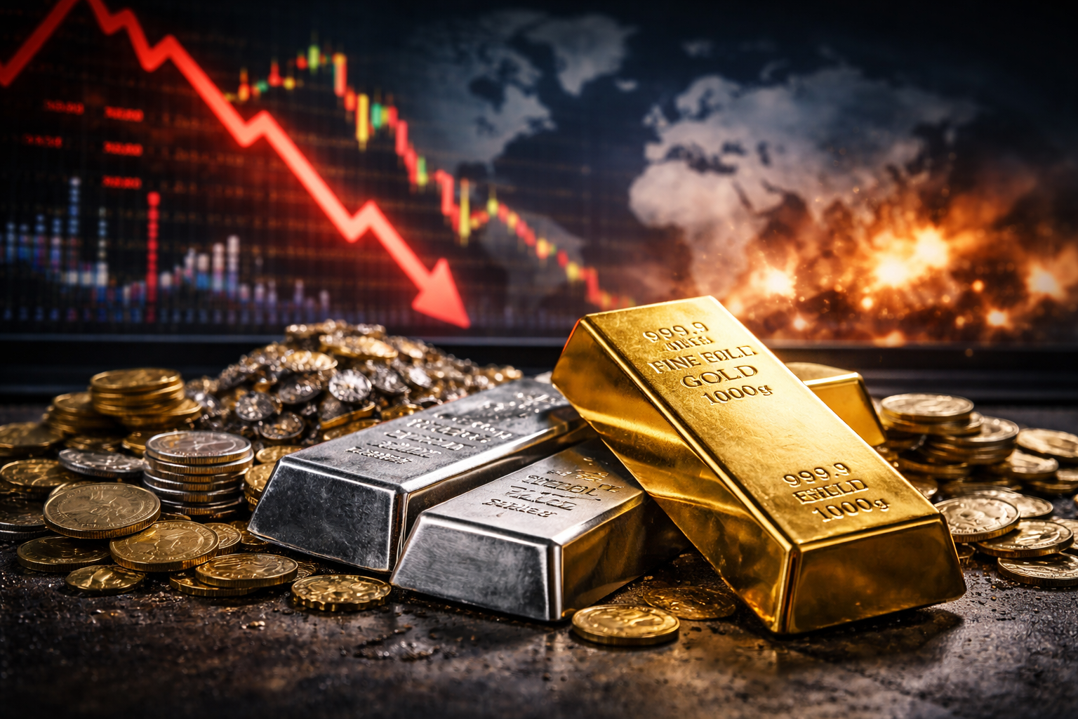 Gold and silver bars and scattered coins in the foreground with a blurred global map and falling market chart behind them, illustrating a risk-off shift and a precious-metals rally.