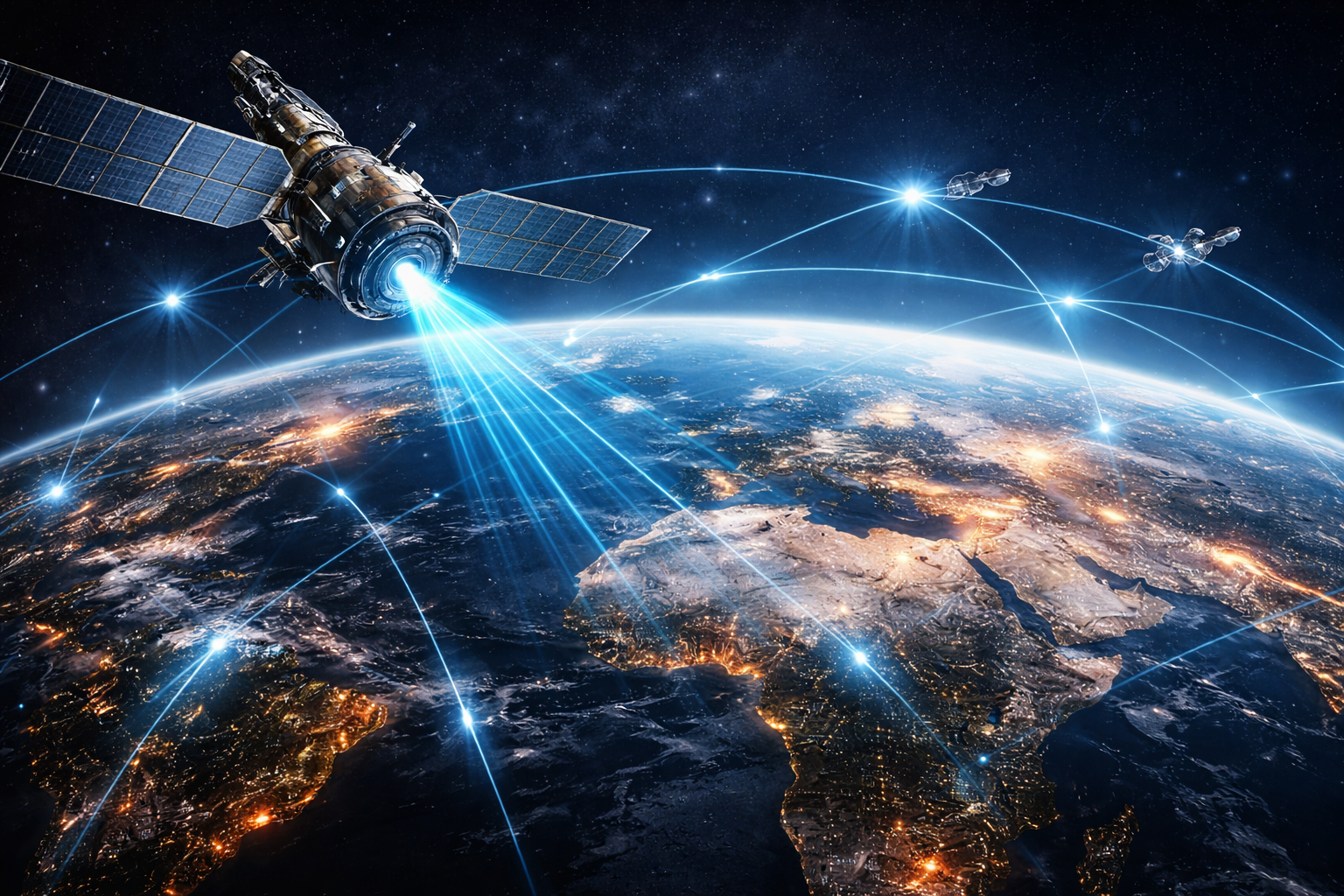 Photorealistic view of Earth from space with a large communications satellite in the foreground and glowing connection arcs linking illuminated regions across the planet, symbolizing satellite-enabled networks.