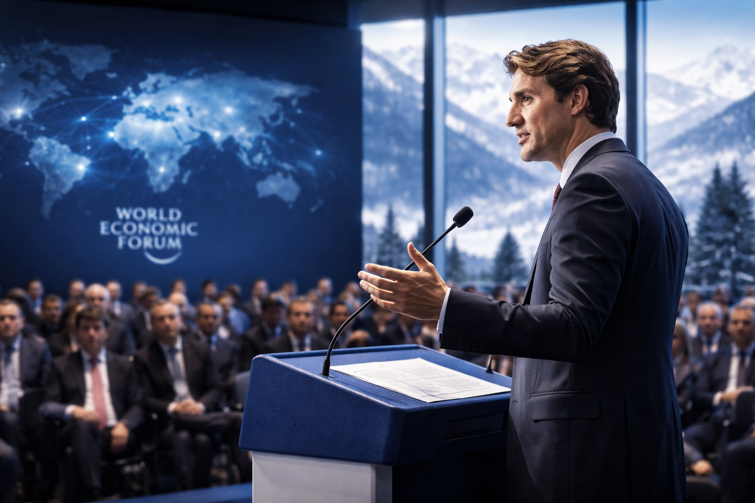 Photorealistic scene of an international economic summit setting with a speaker at a podium in the foreground (no readable text), blurred national flags and delegates in the background, and dramatic lighting that conveys heightened geopolitical uncertainty.