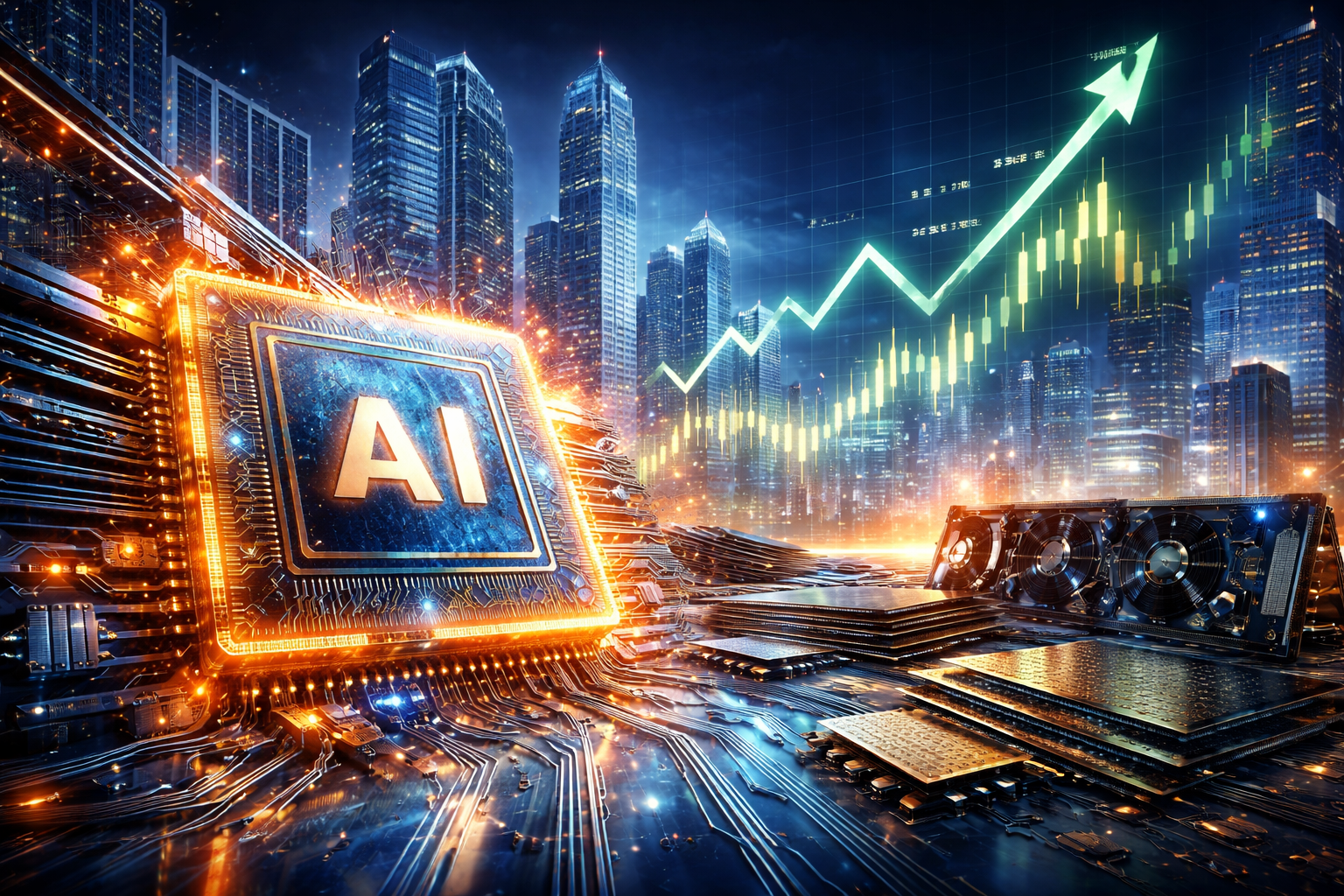 Glowing AI semiconductor chip on a circuit board with stacked processors and a rising stock-market line over a modern city skyline at night.