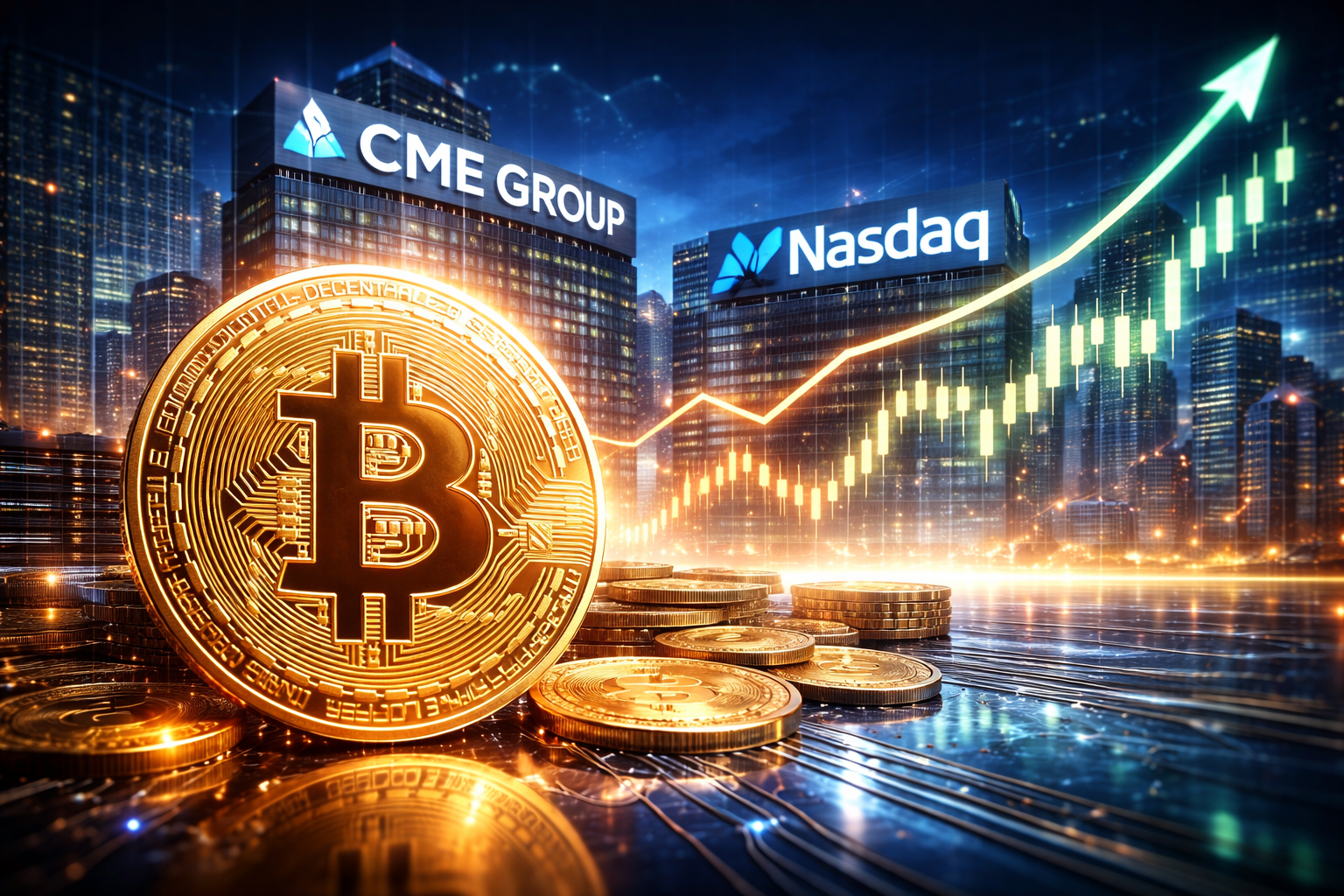 Large golden bitcoin coin in the foreground with smaller coins on a reflective surface, set against a nighttime financial-district skyline with an upward-trending market chart in the background.