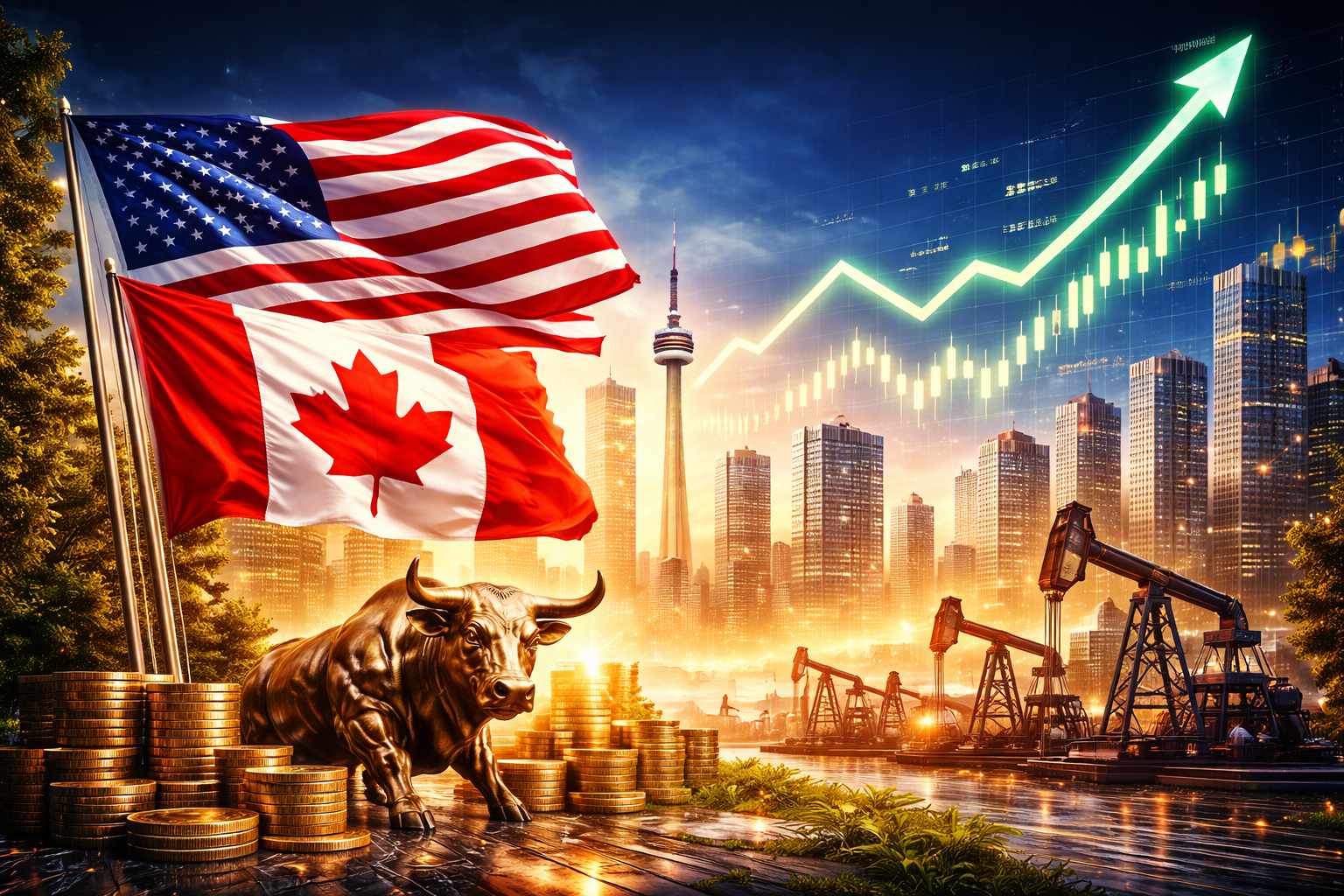 U.S. and Canadian flags beside a bronze bull statue and stacked coins, with oil pumpjacks and a modern skyline in the background under an upward-trending market chart.