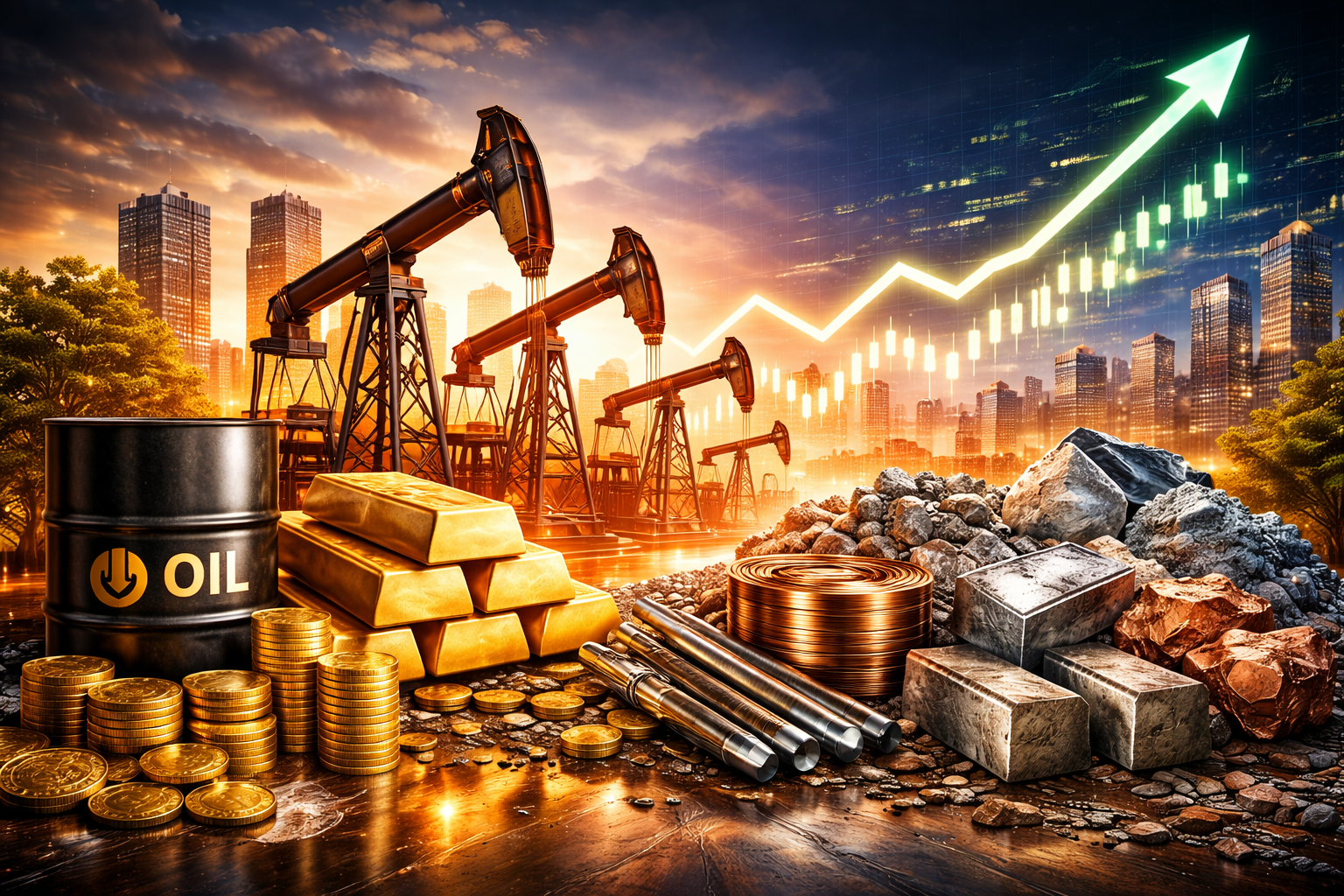 Oil pumpjacks, stacked gold bars, metal ingots, and raw minerals in the foreground with a city skyline and rising market trend in the background at sunset.