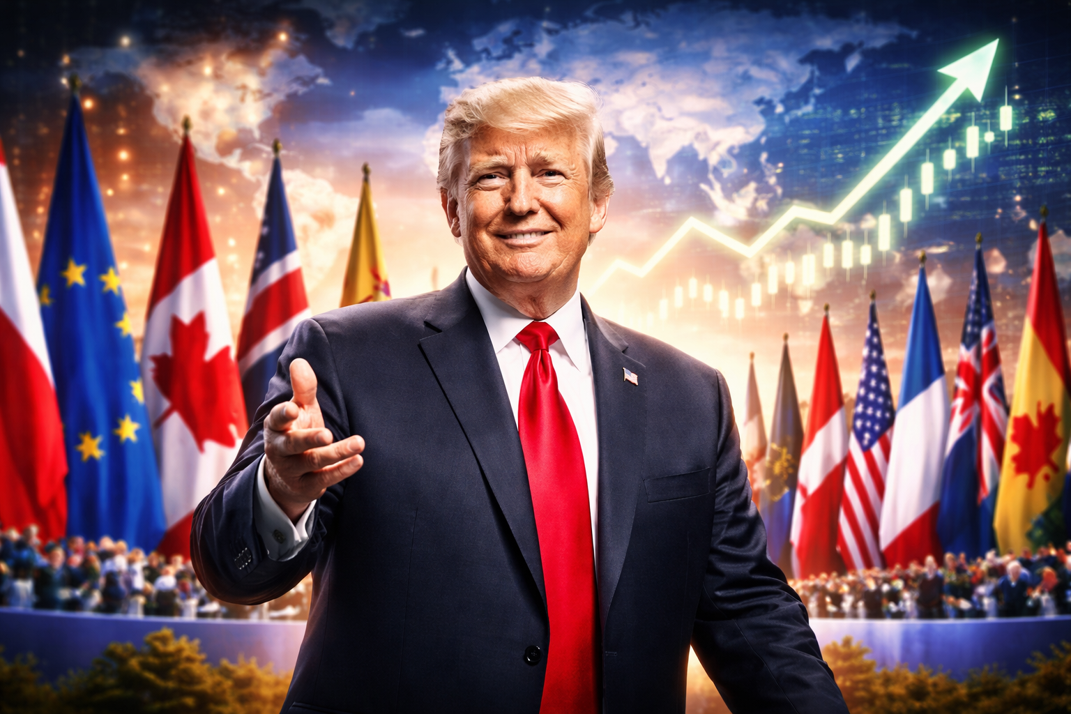 A suited political leader at an international forum with multiple national flags behind him and a global map with an upward-trending market graphic in the background.
