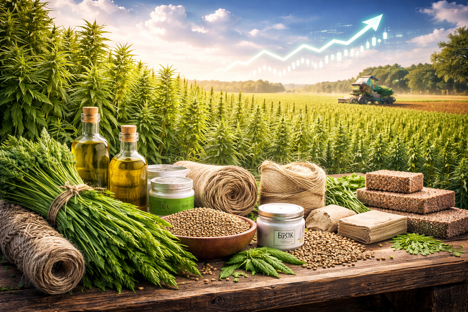 Sunlit hemp field with a harvesting machine in the distance and a rustic table in the foreground displaying hemp stalk bundles, bottles of hemp oil, jars of topical cream, hemp seeds, twine, and folded natural fabric.