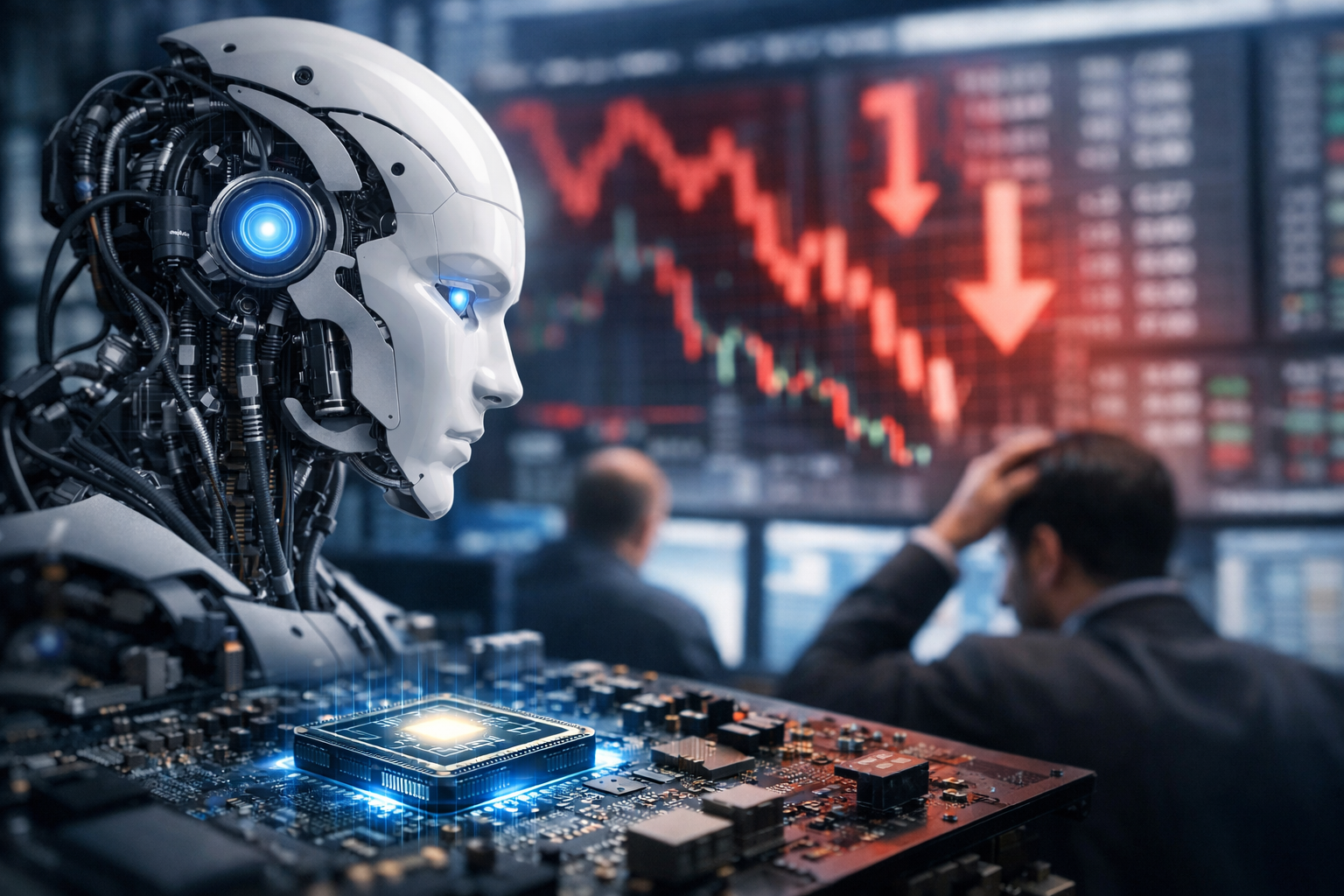 Photorealistic scene of a humanoid AI robot beside a glowing semiconductor chip in the foreground, with a blurred trading floor and a downward stock chart in the background.