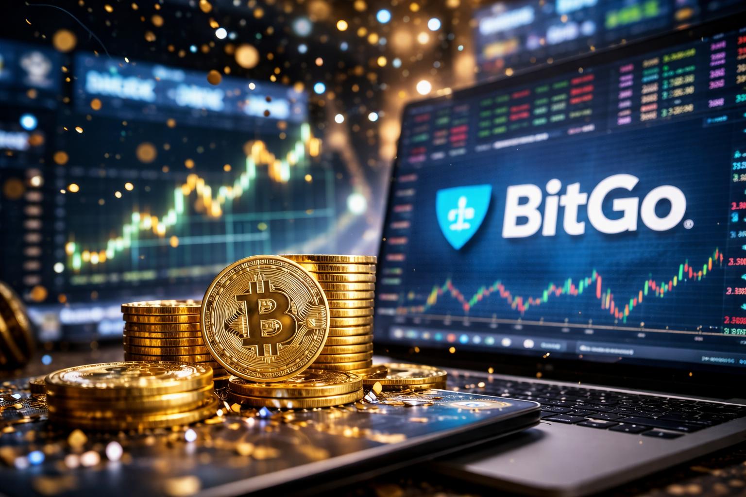 Photorealistic scene of stacked Bitcoin coins on a laptop and smartphone, with confetti floating in the air and a blurred trading floor backdrop featuring market charts and a BitGo-branded display.