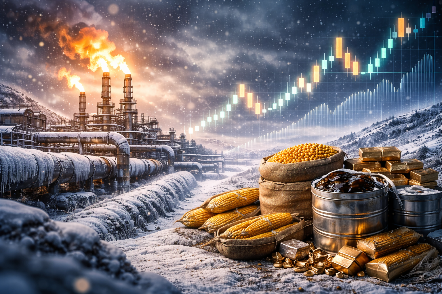 Snow-covered natural gas pipeline and processing facility under a winter storm, with commodity stacks in the foreground including corn, metal bars, and oil containers, and a rising market chart overlay in the sky.