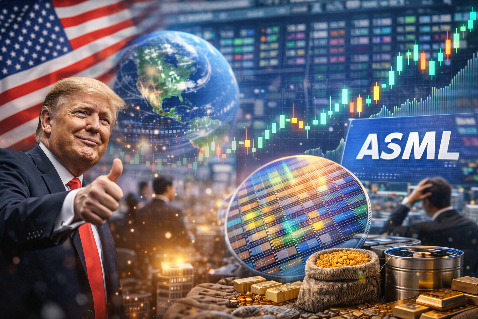 Photorealistic composite of a stock-market trading floor with rising candlestick charts, a semiconductor wafer in the foreground, a glowing world globe/map motif, and former U.S. President Donald Trump giving a thumbs-up; an ASML-branded market display appears in the background.