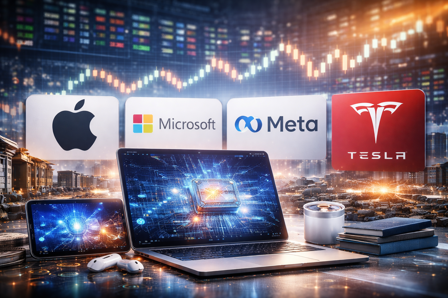 Photorealistic trading-floor scene with large screens showing Apple, Microsoft, Meta, and Tesla branding, a robotic hand typing on a laptop in the foreground, and a glowing blue circuit-like brain symbolizing artificial intelligence, with market charts behind.