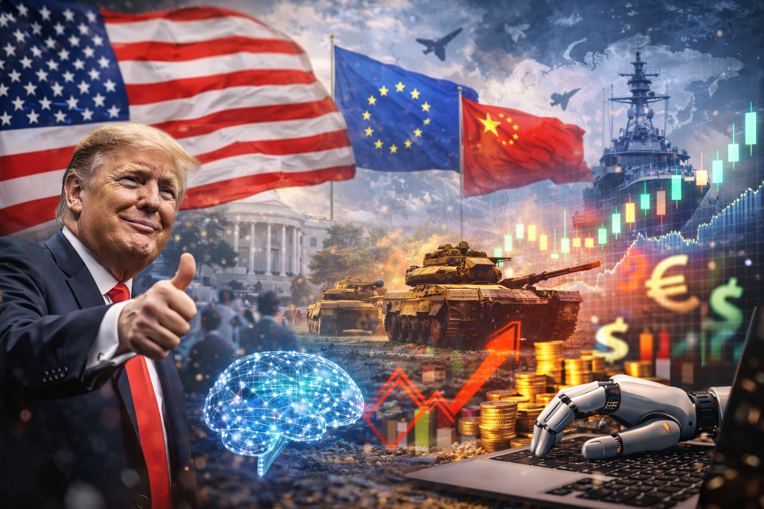 Photorealistic composite of former U.S. President Donald Trump giving a thumbs-up in the foreground, with U.S., EU, and China flags behind, the White House in the distance, military assets (tanks, jets, and a warship) layered into the scene, and a financial market chart with currency symbols and coins near a trading desk.