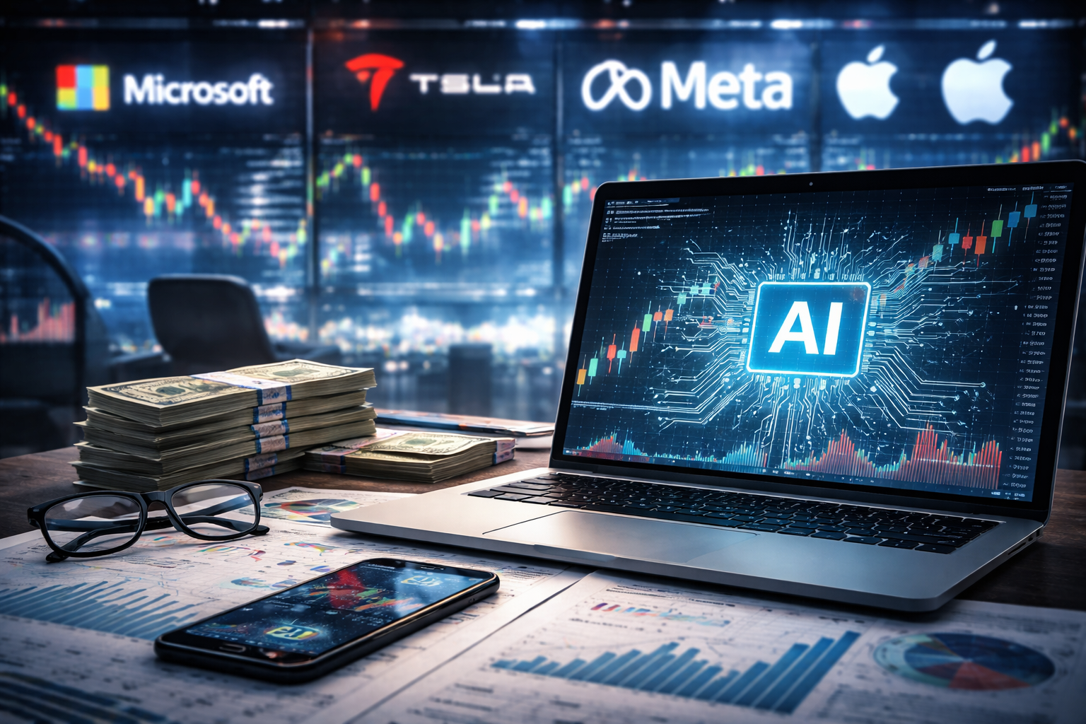Laptop displaying an AI-themed financial dashboard beside stacks of U.S. dollar bills, with stock-market charts and major tech company branding blurred in the background.