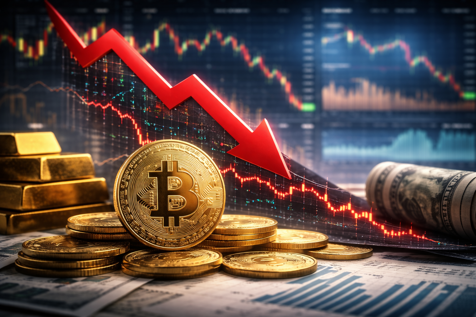 Gold-colored Bitcoin tokens in the foreground beside stacked gold bars and a rolled U.S. dollar bill, with a blurred trading screen showing a sharp downward market move in the background.