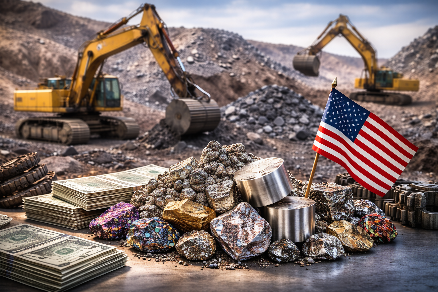 Active open-pit mining site with excavators in the background and a foreground arrangement of mineral ore, U.S. currency, and an American flag symbolizing domestic critical-minerals investment.