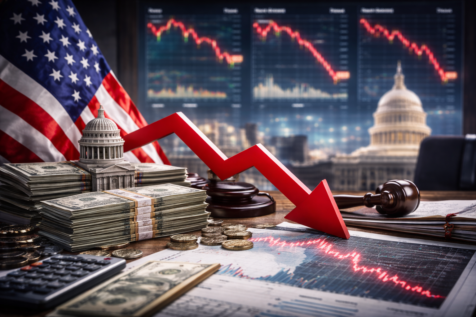 Desk scene with U.S. currency and a red market-down indicator beside an American flag and a U.S. Capitol figurine, with blurred trading screens showing declining charts in the background.