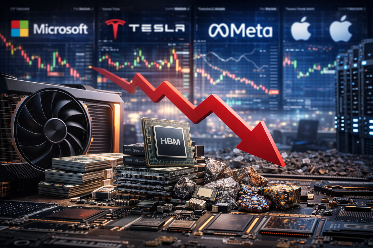 Close-up of advanced semiconductor components and server hardware in the foreground with market charts and major technology company branding blurred in the background, signaling investor scrutiny.