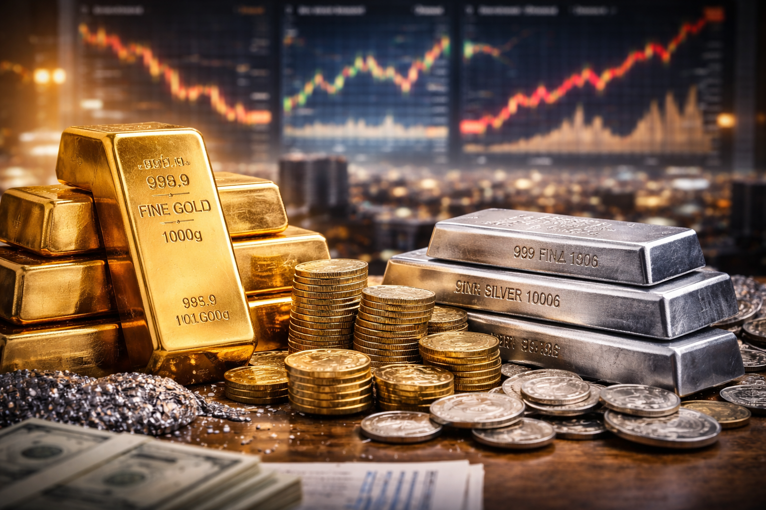 Stacks of gold bars and gold coins beside stacked silver bars and scattered silver coins, with blurred market charts in the background.