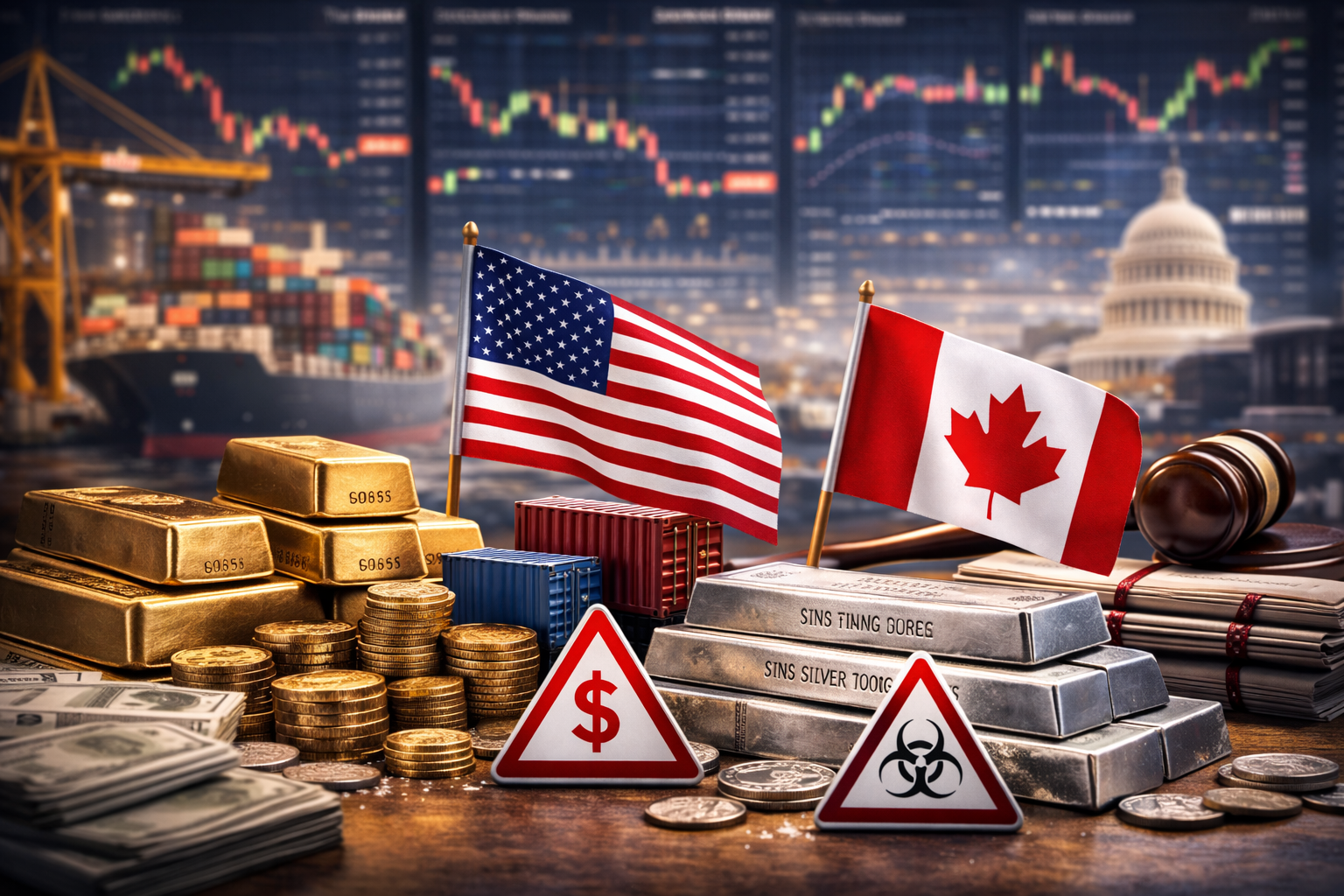 U.S. and Canadian flags beside shipping containers, currency and bullion on a desk, with a judge’s gavel and a blurred U.S. Capitol and market charts in the background.