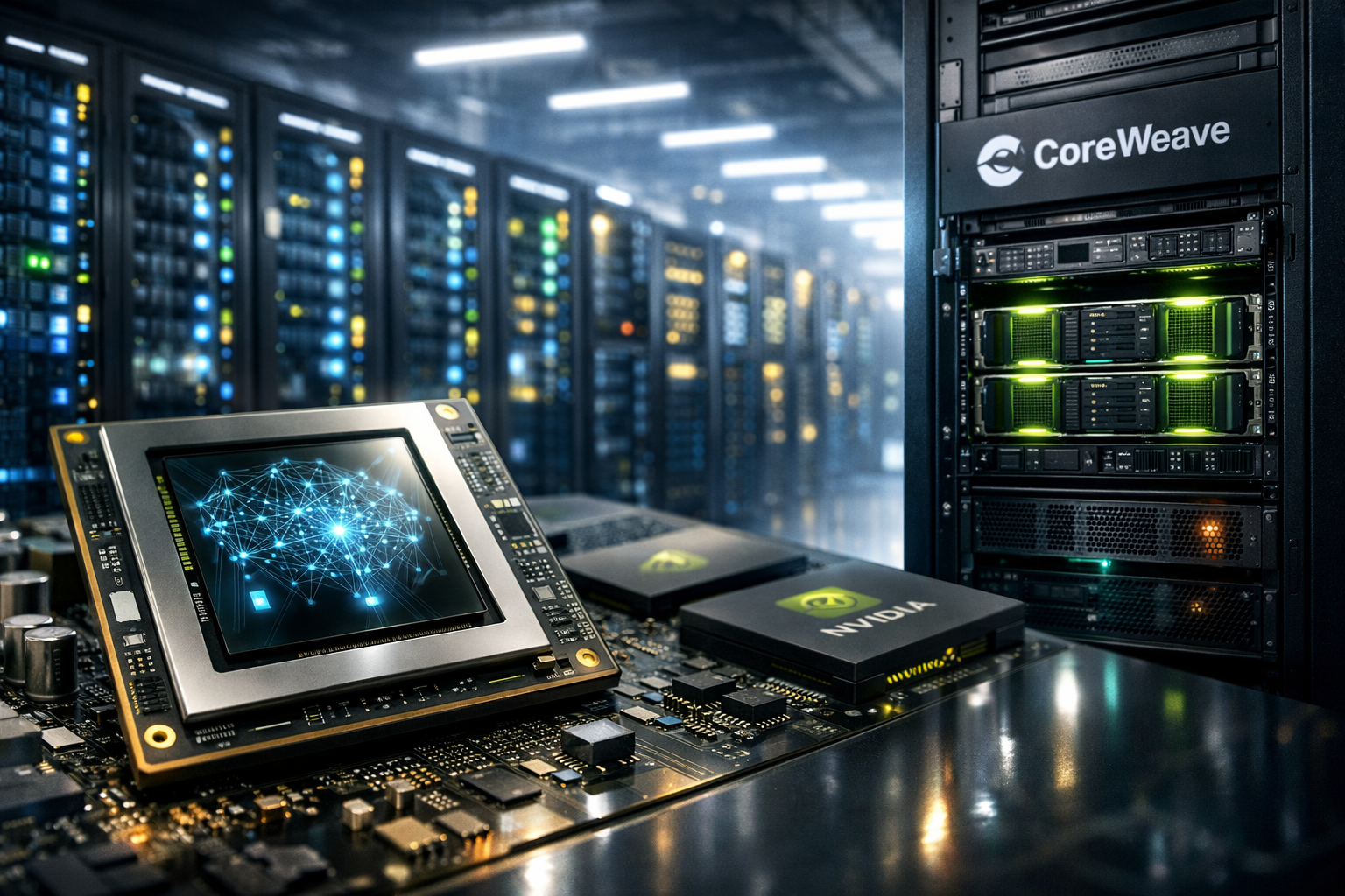 Close-up of high-performance GPU modules on a server board in the foreground, with rows of illuminated data-center racks in the background.