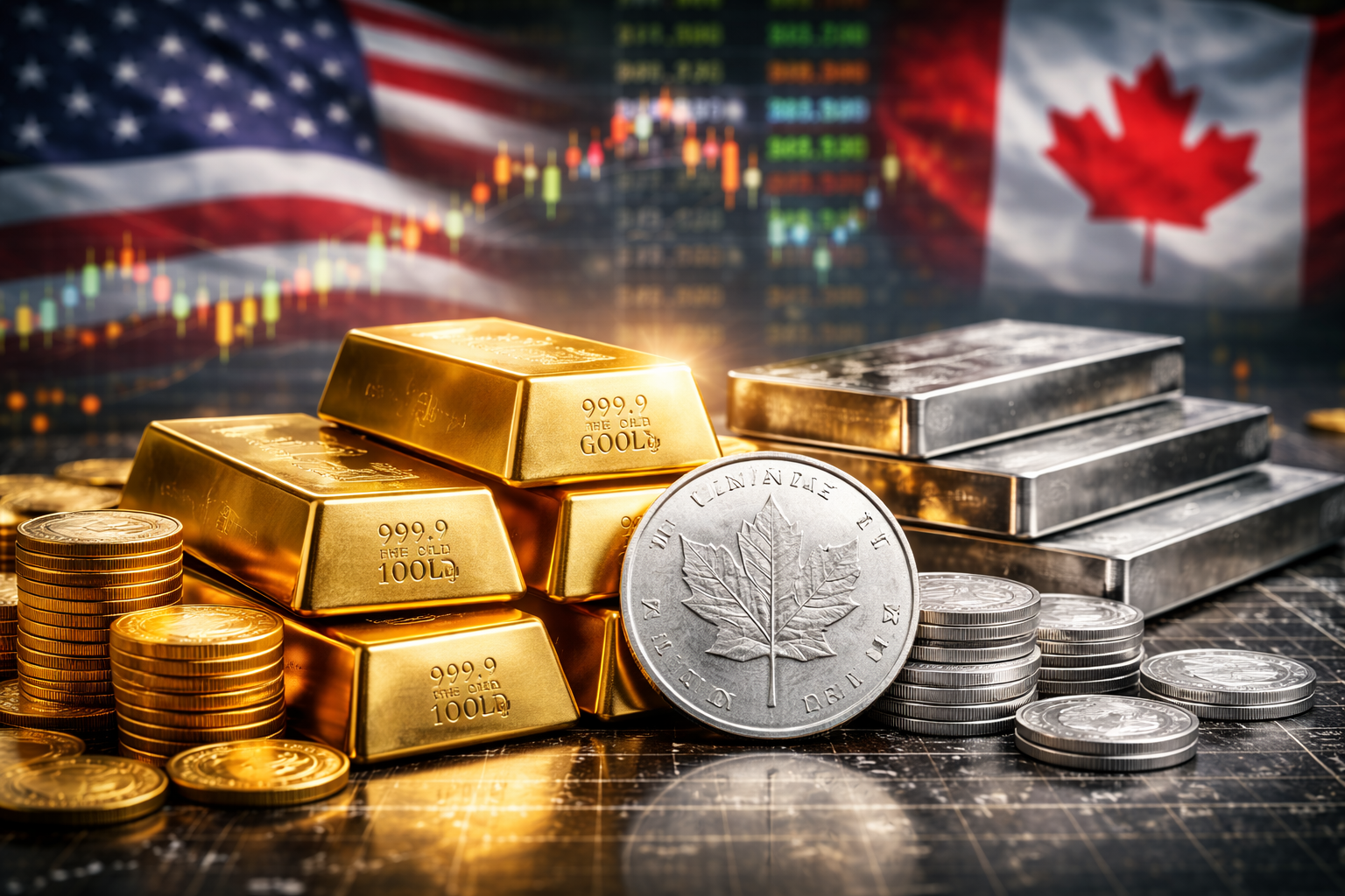 Stacked gold bars and silver bullion with scattered coins in the foreground, with blurred U.S. and Canadian flags and a market chart in the background.