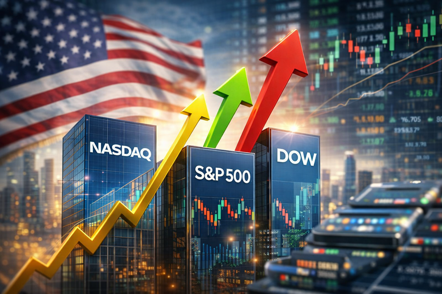 Upward-pointing market arrows rising in front of modern glass skyscrapers, with a U.S. flag and a blurred candlestick-style market board in the background.