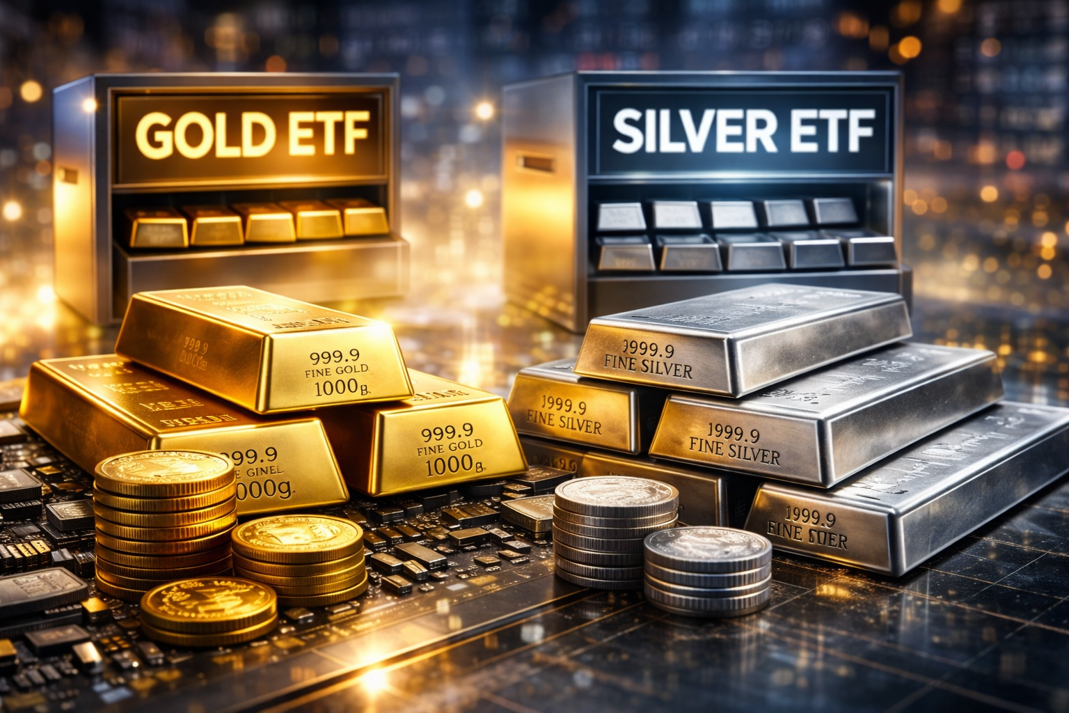 Stacks of gold bars and gold coins beside stacked silver bars and silver coins on a glossy surface, with a softly blurred financial-style background.