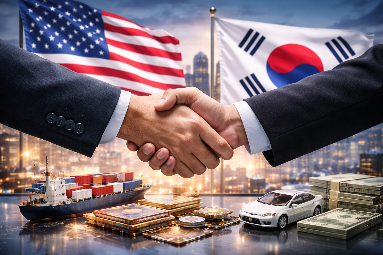 Two businesspeople shaking hands in front of U.S. and South Korean flags, with shipping containers, microchips, a car model, and stacks of cash on a table below.