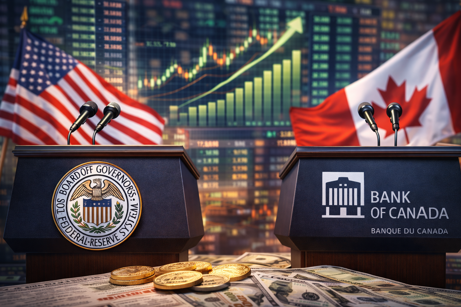 Two central-bank-style podiums with microphones in front of U.S. and Canadian flags, with a blurred background of market data screens and an upward-trending chart.