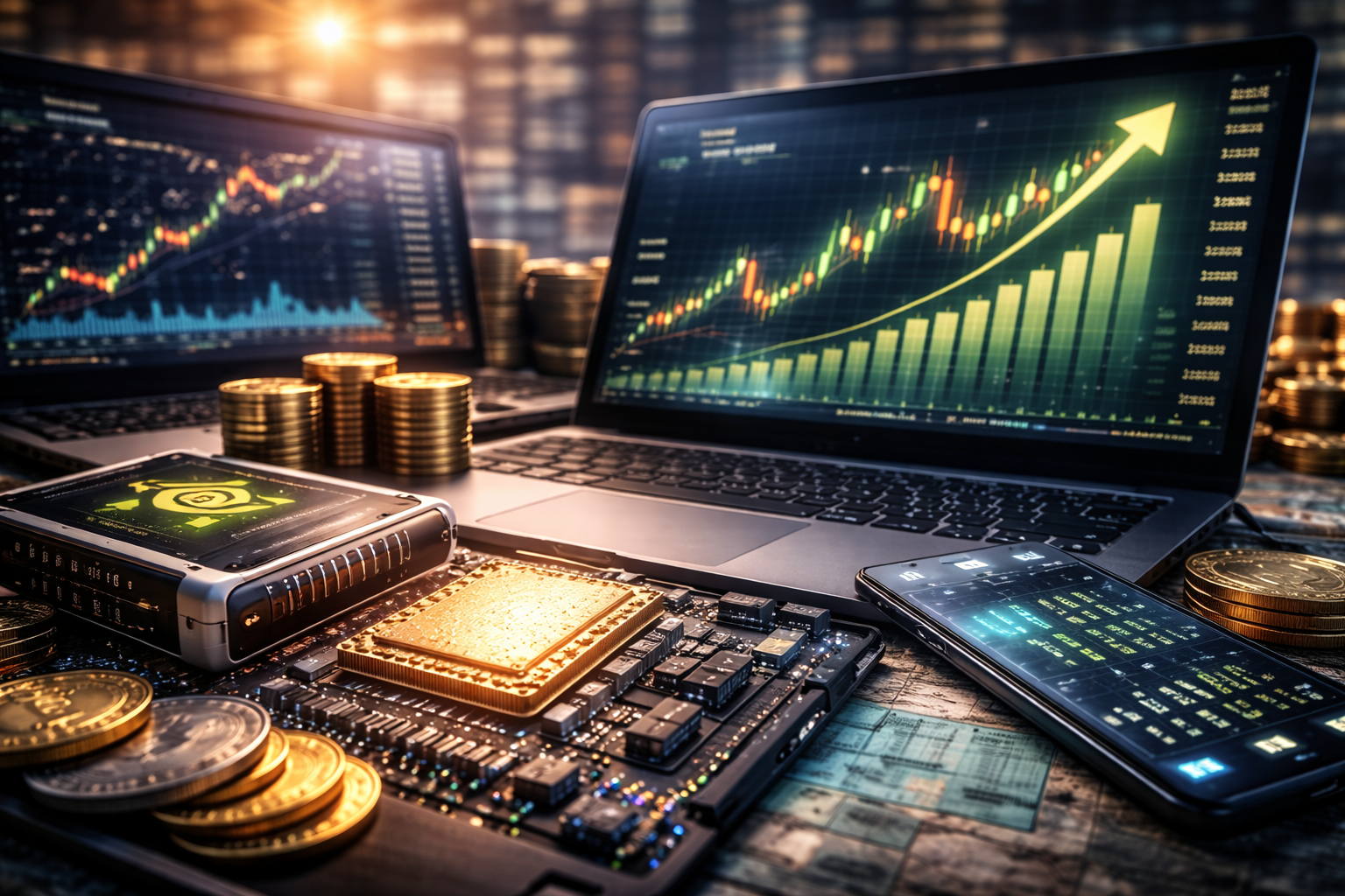 Two laptops displaying upward-trending stock charts on trading screens, with stacks of gold coins and a close-up of a glowing circuit board and semiconductor components on a desk.