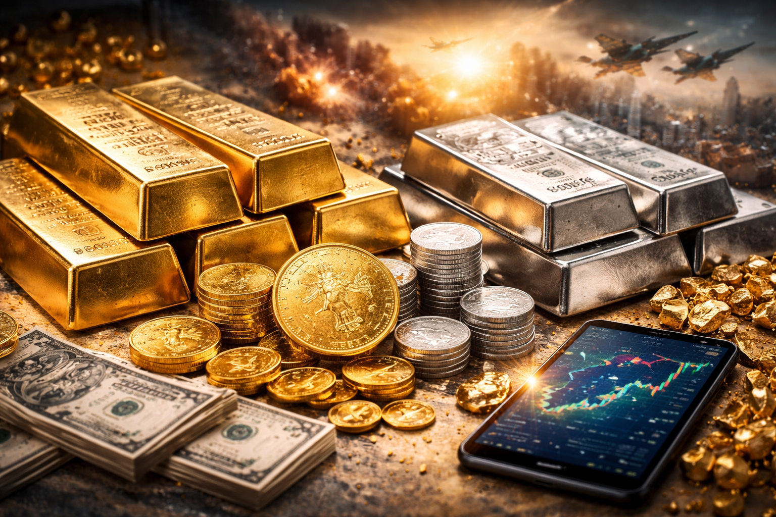 Photorealistic close-up of stacked gold bars and silver bars with piles of coins and gold nuggets on a tabletop, alongside a smartphone showing market charts under warm, dramatic lighting.