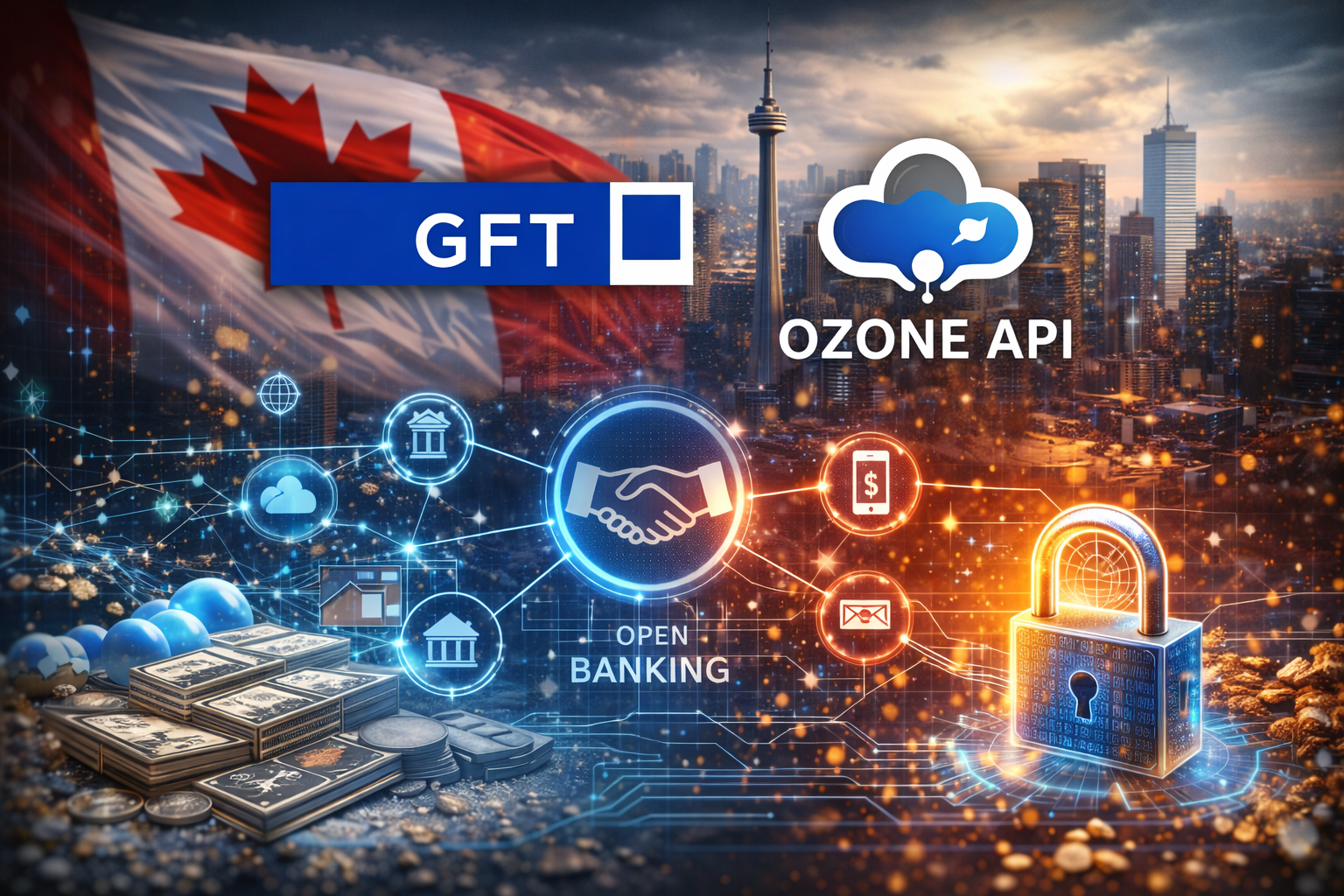 Photorealistic composite of a Canadian flag and Toronto skyline with a glowing digital network overlay connecting finance and security icons, including a handshake, bank building, smartphone, and padlock, suggesting secure data sharing.