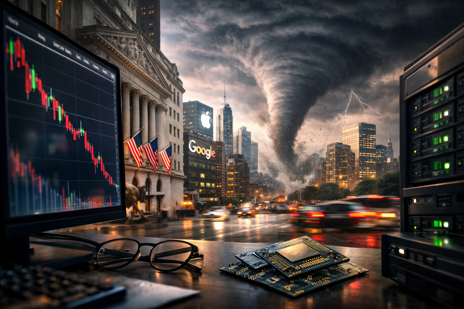Photorealistic scene of a stormy Wall Street–style city street with a tornado approaching, a monitor showing a steep market selloff, and nearby server hardware and a microchip in the foreground.