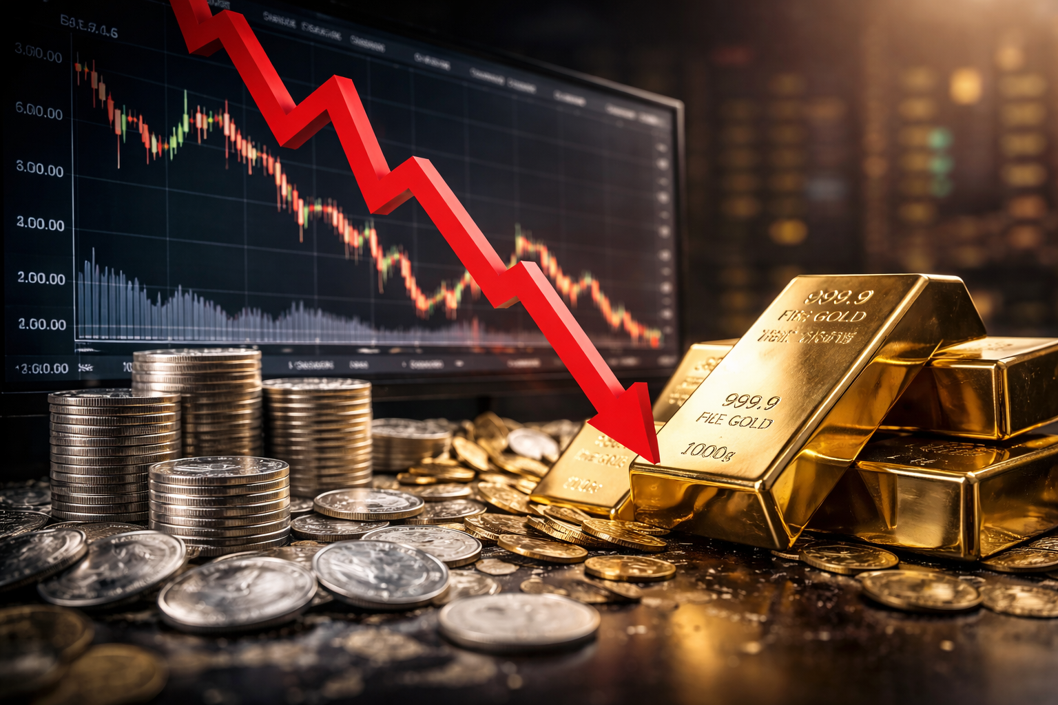 Photorealistic close-up of stacked gold bars and piles of silver coins on a trading desk, with a market chart in the background showing a steep selloff and a bold red downward arrow overlay.
