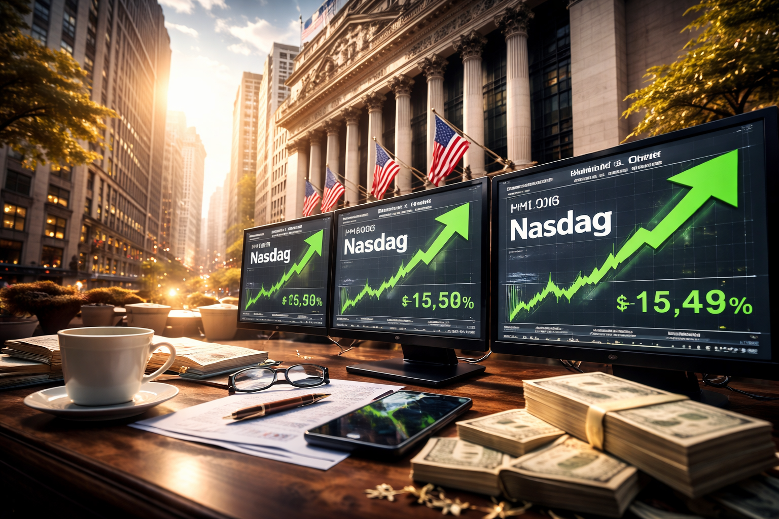 Photorealistic Wall Street morning scene with three trading monitors on a desk showing rising market charts, with the New York Stock Exchange façade and U.S. flags in the background.