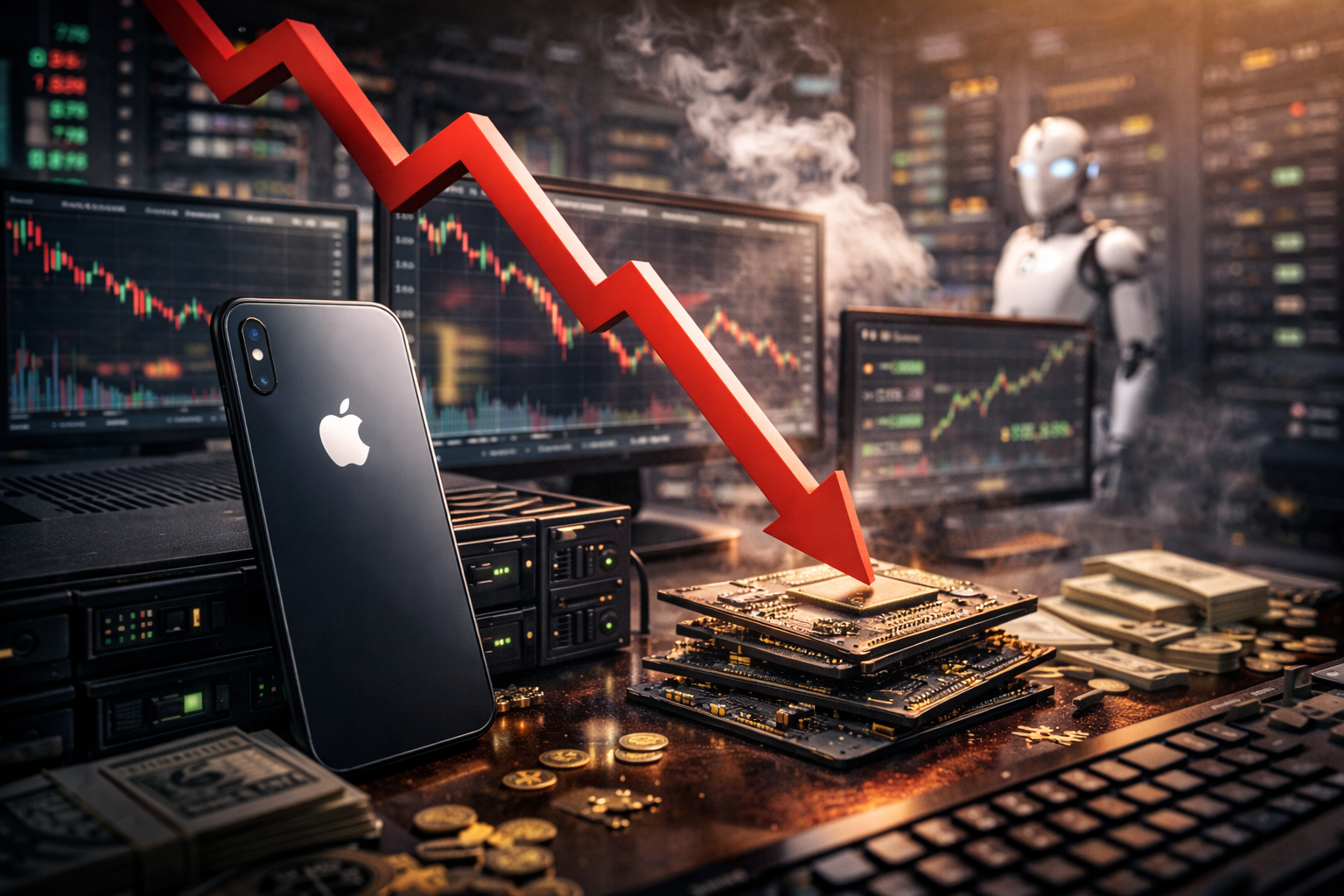 Photorealistic scene of an Apple-branded smartphone beside server hardware and stacked microprocessors, with trading monitors showing falling charts and a red downward arrow graphic across the frame, while a humanoid robot stands in the background.