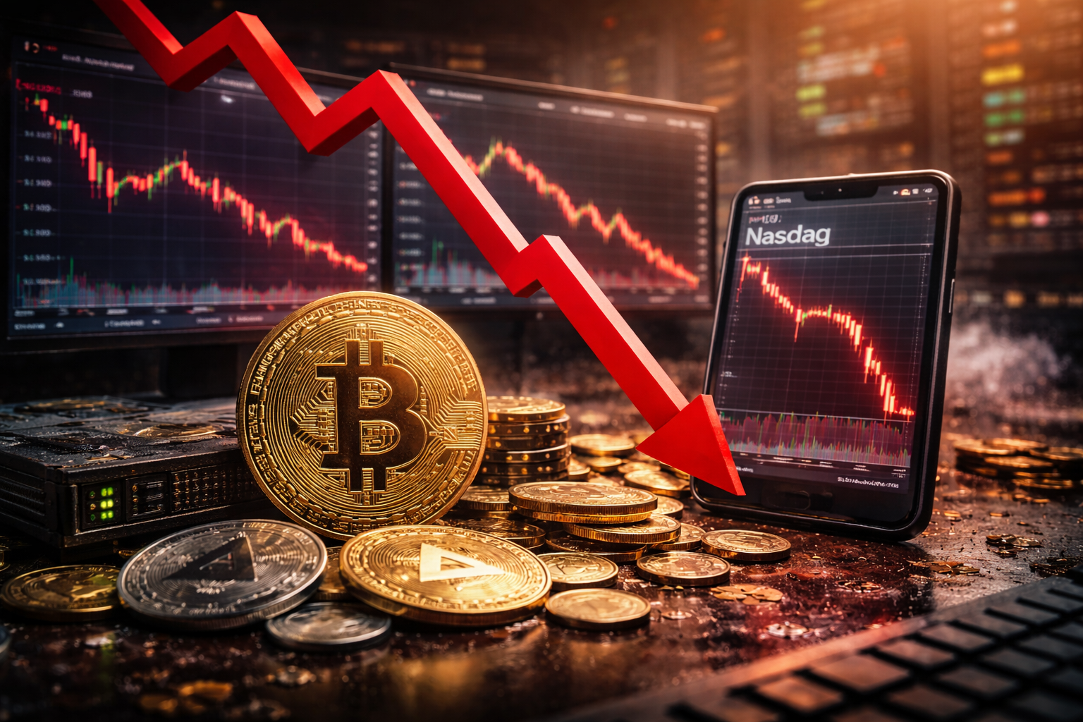 Photorealistic close-up of a large Bitcoin coin and other cryptocurrencies scattered on a desk, with trading screens showing steep red declines and a bold downward arrow graphic, plus a smartphone displaying a plunging chart.