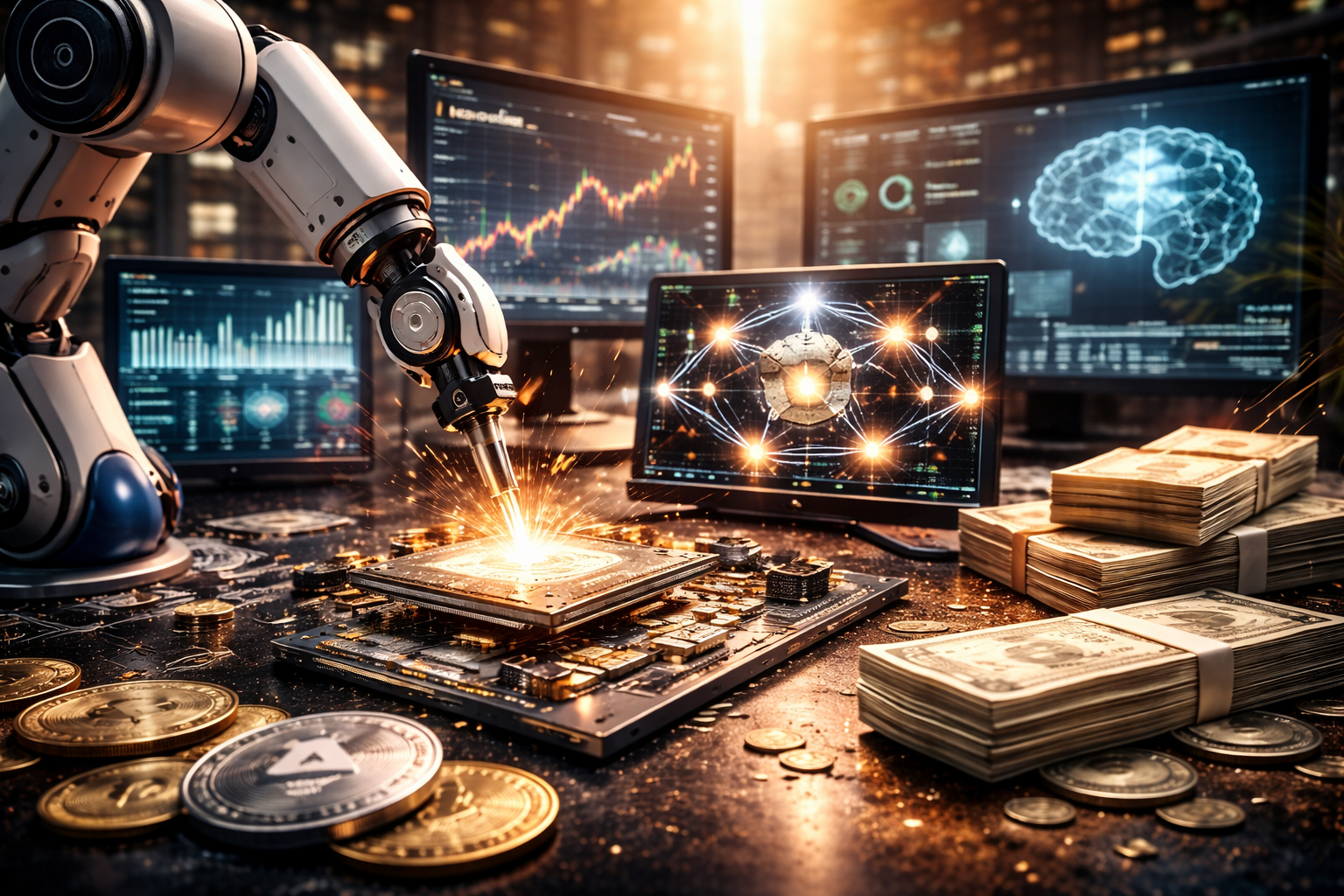 Photorealistic scene of a robotic arm working over a circuit board with sparks, surrounded by stacked cash and crypto-style coins on a desk, with multiple monitors in the background showing market charts and high-tech interface graphics.