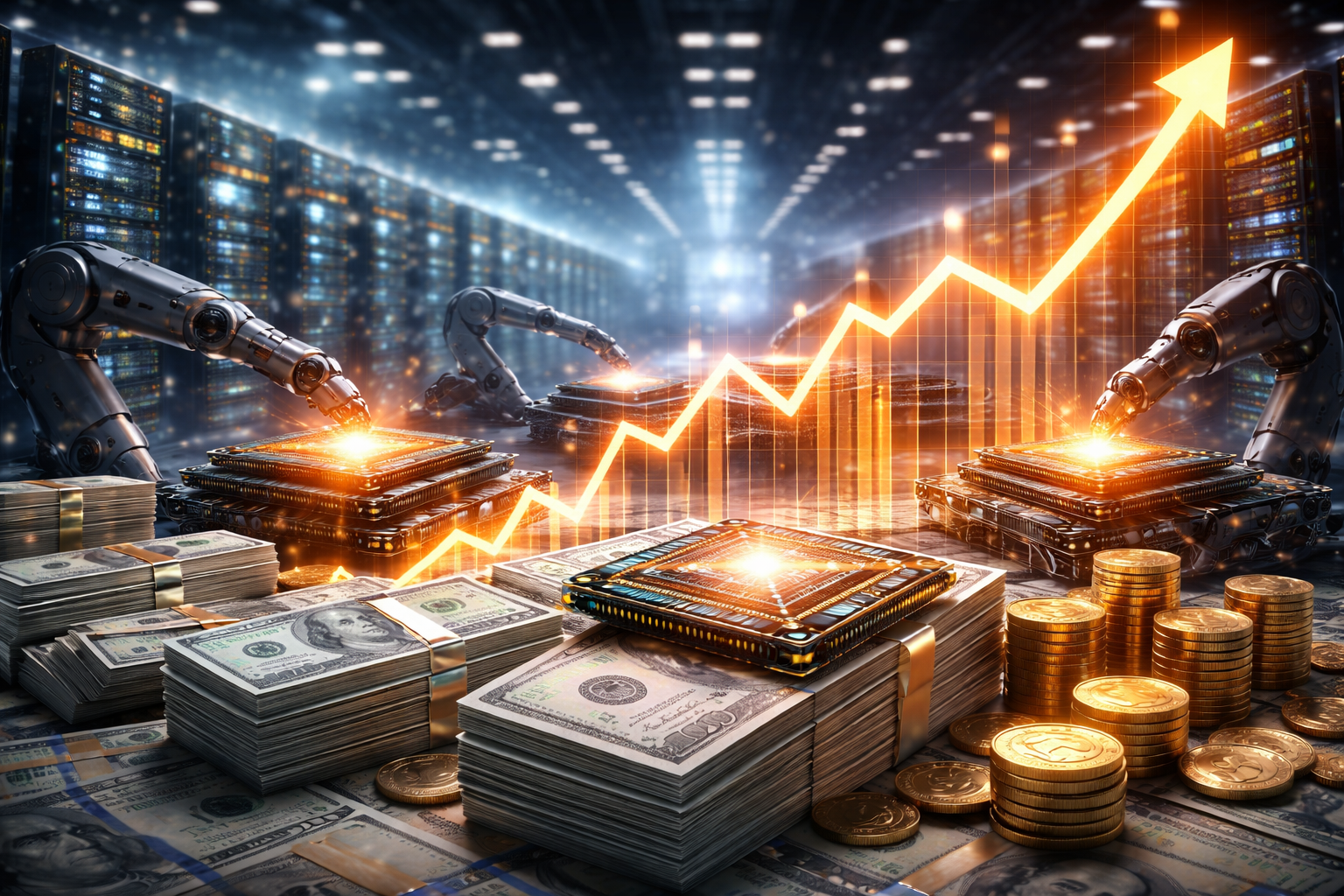 Photorealistic data center scene with robotic arms assembling advanced semiconductor chips amid stacks of currency and coins, symbolizing heavy AI investment and rising economic costs.