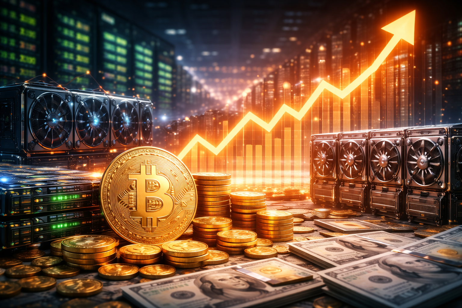 Photorealistic scene showing a large Bitcoin coin surrounded by stacks of coins, mining rigs, and servers, with an upward market trend visualized in a modern financial setting.