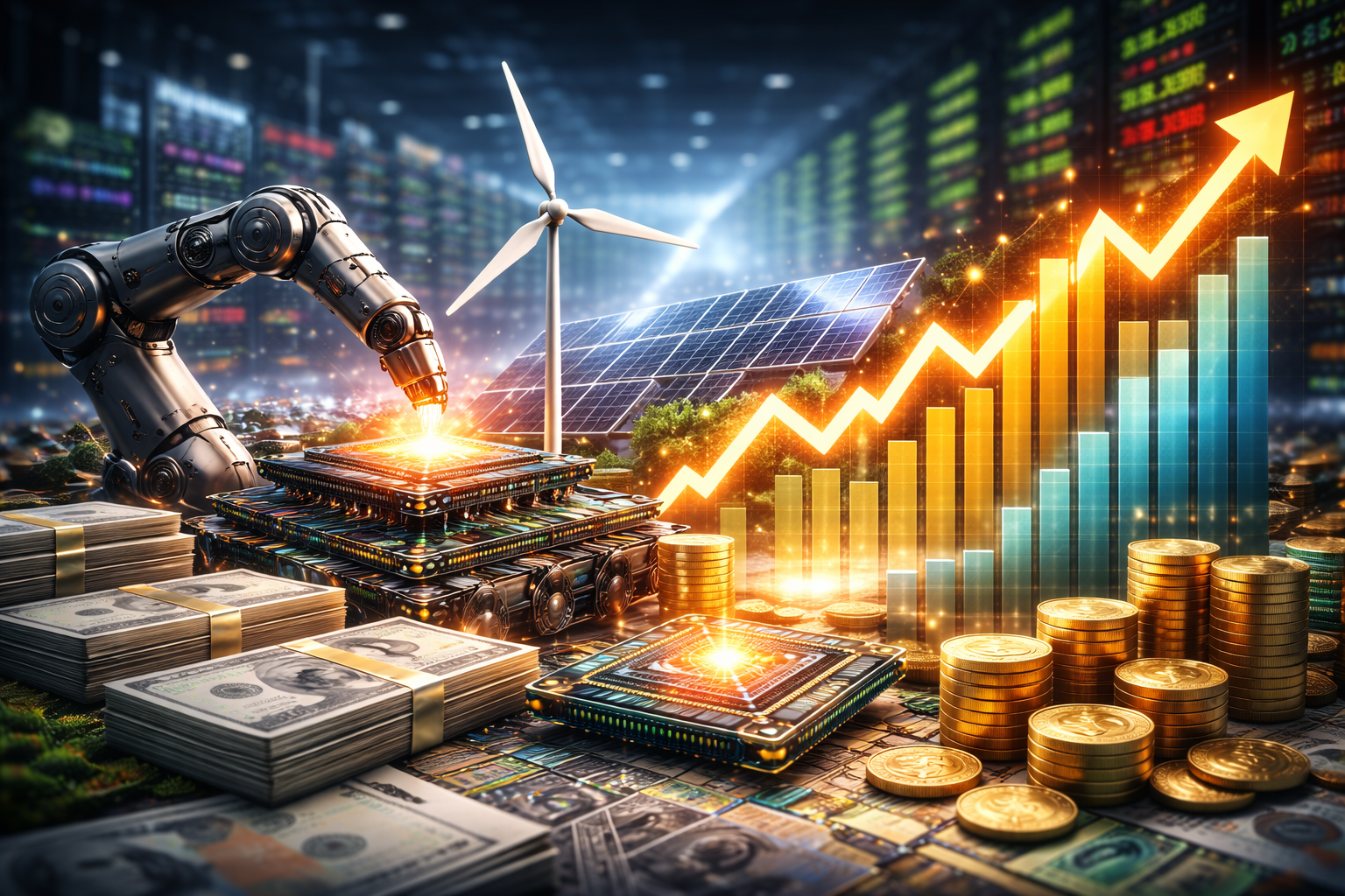 Photorealistic scene showing a robotic arm working on glowing AI microchips alongside wind turbines, solar panels, coins, and financial growth visuals inside a modern market environment.