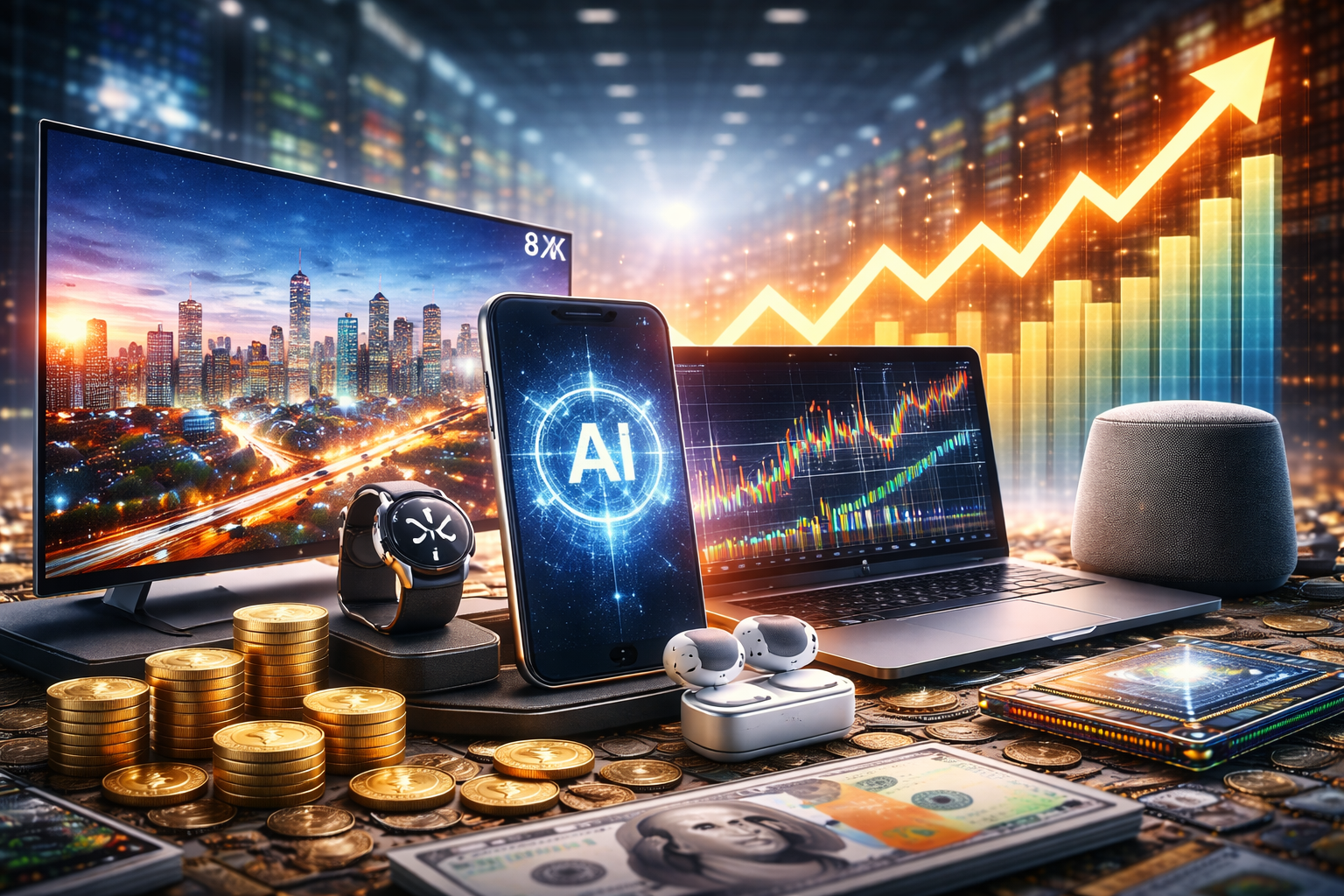 Photorealistic arrangement of modern consumer technology devices including a smartphone, laptop, smartwatch, wireless earbuds, smart speaker, and large display, surrounded by coins and digital market visuals.