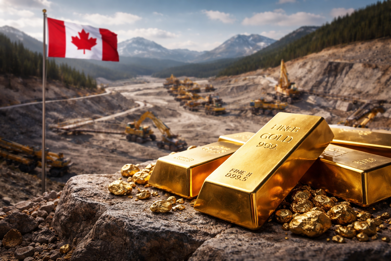 Stacked gold bars and scattered gold nuggets in the foreground with a large open-pit mine, heavy equipment, and a Canadian flag in the background under a mountain skyline.