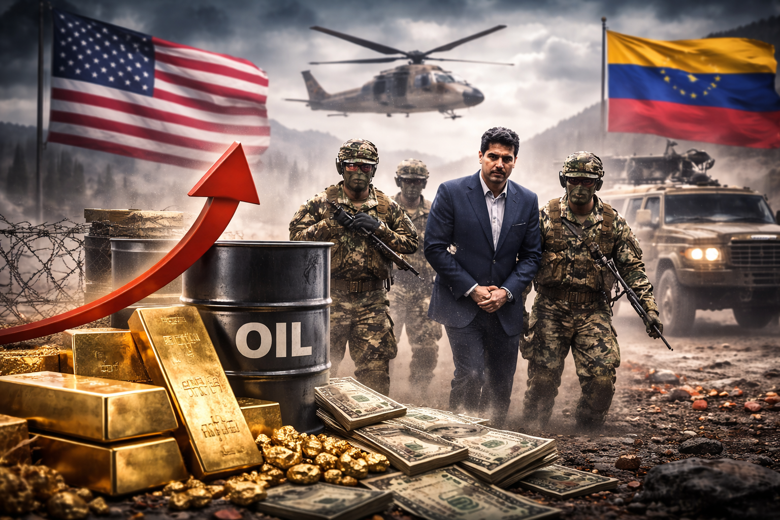 Armed military personnel escort a suited man across a dusty, tense scene with U.S. and Venezuelan flags in the background, alongside oil barrels, gold bars, and scattered U.S. dollar bills under stormy skies.
