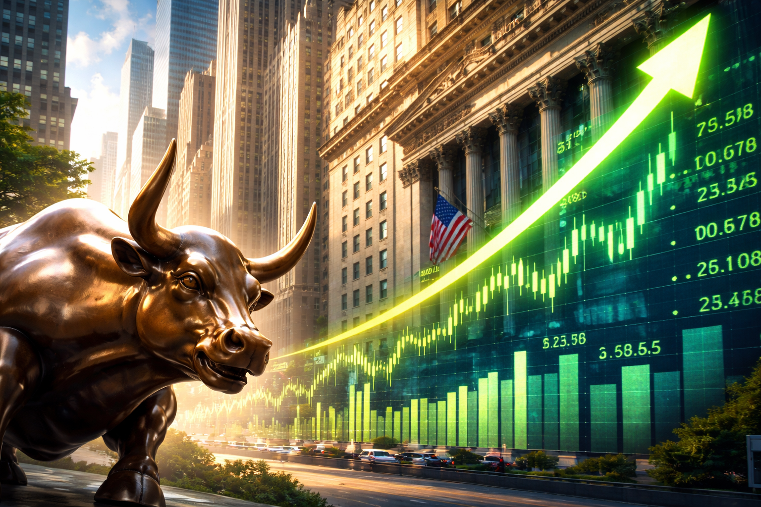 Photorealistic bronze bull statue in a Wall Street-style financial district with a glowing upward market chart overlay on nearby buildings.