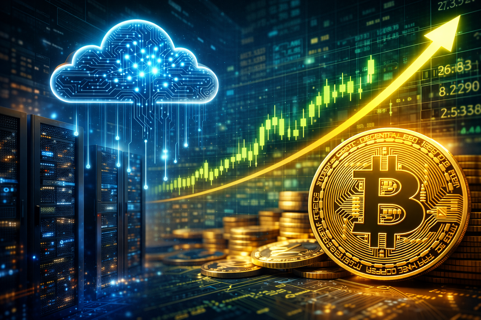 Photorealistic data center server racks beside a glowing cloud-shaped AI circuit graphic, with a large gold Bitcoin coin and an upward-trending market chart in the background.